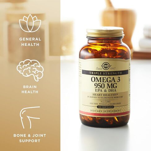 SOLGAR Triple Strength Omega 3 950 mg - 100 Softgels, Pack of 2 - Supports Cardiovascular, Joint & Skin Health - Non-GMO, Gluten Free, Dairy Free - 200 Total Servings in Kuwait
