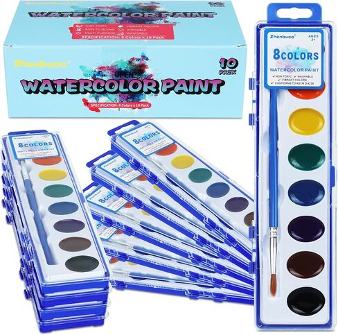 Watercolor Paint Set for Kids - Bulk Pack of 10, 8 Colors Washable Water Color Paints Sets with Paintbrush, Kids Watercolor Paint Set for Coloring, Art, Classrooms and Halloween Paint Supplies in Saudi Arabia
