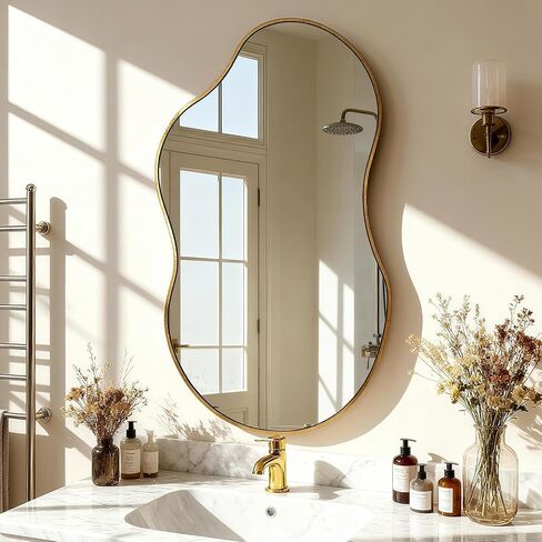 SHYFOY Irregular Mirrors for Wall Decor, 22"x36" Asymmetrical Wall Mirror Decorative Wavy Mirror for Living Room Bathroom Bedroom Entryway, Abstract Shape Curvy Mirror, Antique-Gold in Kuwait