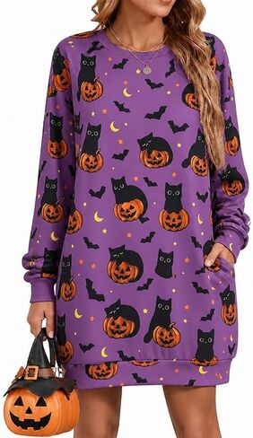 JINTING Women Halloween Sweatshirt Pumpkin Cat Long Sleeve Funny Doddle Graphic Printed Pullover Dress Fall Shirt Tops in Kuwait