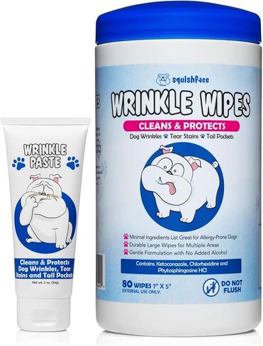 Squishface Wrinkle Paste (2oz) & 5x7 Wipes Bundle - Clean Wrinkles, Tear Stains, Tail Pockets, Paws – Anti-Itch, Deodorizing - Great for English Bulldogs, Pugs, Frenchies, French Bulldogs & Any Breed in Kuwait