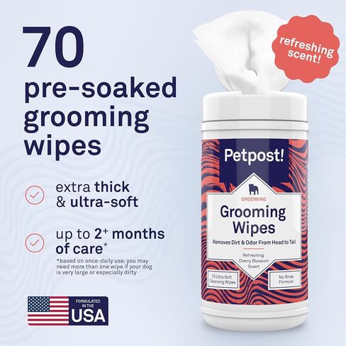Petpost Large Grooming Wipes for Dogs | 70 Count 5x7" Deodorizing Dog Cleaning Wipes with Coconut Extract & Aloe | Gentle Pet Wipes with Cherry Blossom Scent for Full-Body Grooming in Kuwait