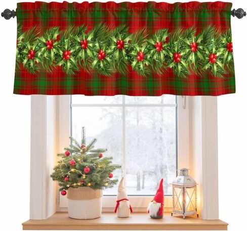 Kitchen Curtains and Valances Set, Merry Christmas Truck Tree Snowflake Red Black Plaid Poinsettia Short Rod Pocket 3 Pieces Window Curtain Set for Bedroom, Bathroom, 24 Inch Long in Saudi Arabia