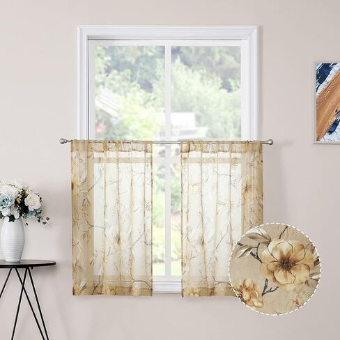 Tollpiz Sheer Curtain Beige Flower Leaf Printed Floral Embroidered Living Room Curtains Sheer Rod Pocket Voile Faux Linen Window Curtain for Bedroom, 54 x 72 inches Long, Set of 2 Panels in Kuwait