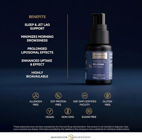 Quicksilver Liposomal Melatonin - وقت النوم، اضطراب الرحلات الجوية الطويلة ودعم المناعة سائل الميلاتونين للبالغين - امتصاص فعال ومتفوق 1 ملغ من الميلاتونين لتقليل النعاس الصباحي (30 مل) in Kuwait
