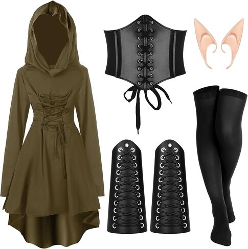 Jeyiour 5 Pcs Women Renaissance Fairy Costumes Set Medieval Hooded Robe Elf Ears Accessories for Halloween Cosplay in Kuwait
