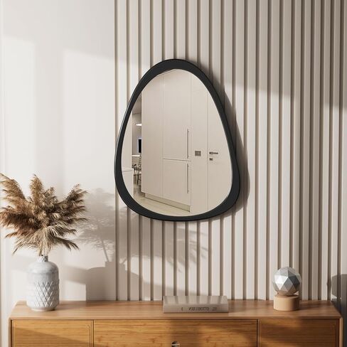 CFYLO 34" x 26" Irregular Wall Mirror, Natural Wooden Framed Asymmetrical Wall Mirror for Living Room Bedroom Bathroom Entryway, Modern Decorative Hanging Hook in Kuwait