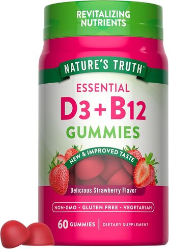 Nature's Truth Vitamin D3 and B12 Gummies | 60 Count | Vegetarian, Non-GMO & Gluten Free Supplement | Natural Strawberry Flavor in Kuwait