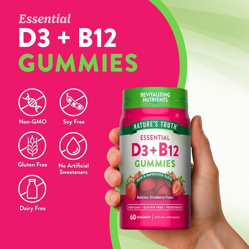 Nature's Truth Vitamin D3 and B12 Gummies | 60 Count | Vegetarian, Non-GMO & Gluten Free Supplement | Natural Strawberry Flavor in Kuwait
