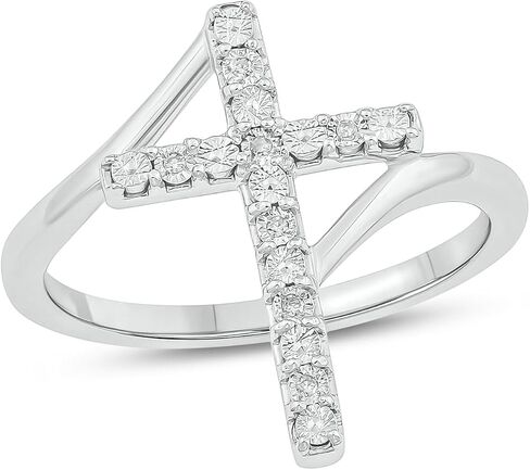 Diamond Cross Ring for Women in Yellow Gold-Plated, Rose Gold-Plated or 925 Sterling Silver, Women's Vertical Cross Ring with By-Pass Band and Round White Diamond Accent, Religious Ring in Kuwait