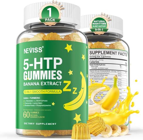 1Pack 5-HTP GABA Sleep Supplement Gummies - Melatonin Free Extra Strength 900mg Complex for Health Rest Cycle, Banana Extract, L-Theanine, L-Tryptophan, Omega-3-6-9 for Natural Zzz, Brain Relax, Vegan in Kuwait