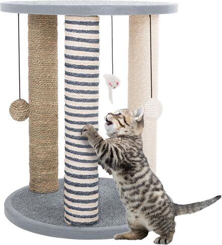 Cat Scratching Post - 3 Scratcher Posts with Carpeted Base Play Area and Perch - Furniture Scratching Deterrent for Indoor Cats by PETMAKER (Brown), Large in Kuwait