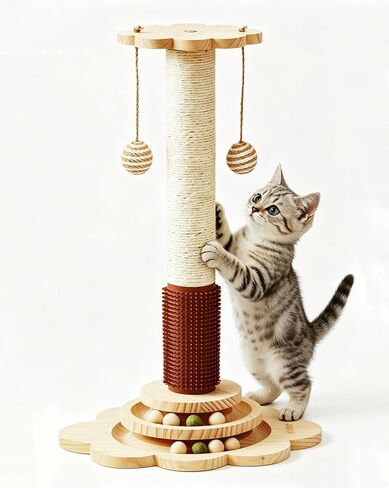 4-in-1 Solid Wood Kitten Scratching Post for Indoor Cats with Feather Toy in Saudi Arabia