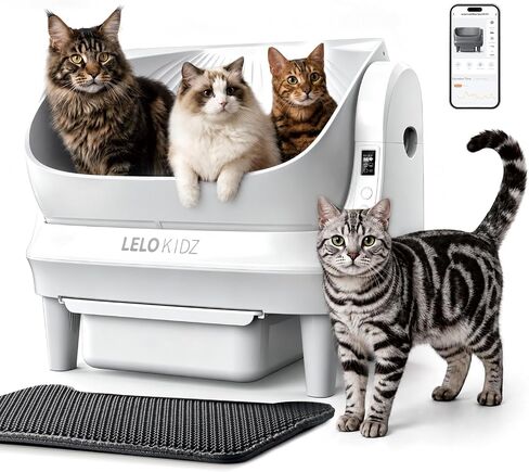 Self Cleaning Litter Box, Open Top 105L Automatic Litter Box for Multiple Cats, App Control, Safety Sensor, Anti-Pinch, Includes Liner - Gray in Kuwait