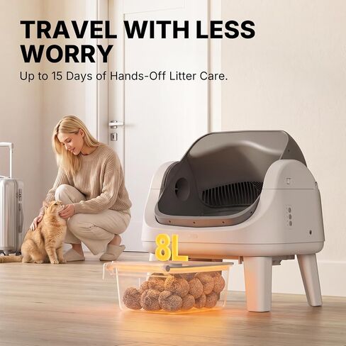 Automatic Cat Litter Box with Wide Open-Top & Easy-Access Step for Cats 3–17 lb, Self Cleaning Cat Litter Box with 8L Waste Bin, No App or WiFi, Beginner-Friendly Design in Saudi Arabia