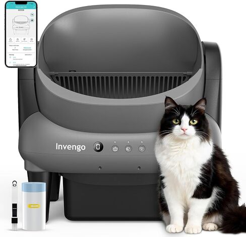 Invengo Automatic Self-Cleaning Cat Litter Box, Open Top Design with Safety Sensors and Anti-Pinch Protection, Smart Automatic Litter Box for Small & Medium Cats and Multi-Cat Homes, Charcoal Grey in Kuwait