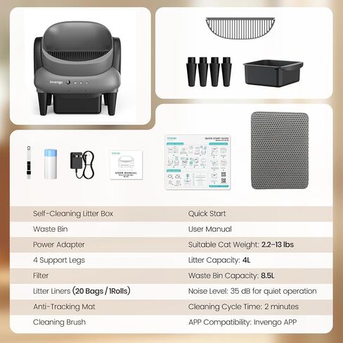 Invengo Automatic Self-Cleaning Cat Litter Box, Open Top Design with Safety Sensors and Anti-Pinch Protection, Smart Automatic Litter Box for Small & Medium Cats and Multi-Cat Homes, Charcoal Grey in Kuwait