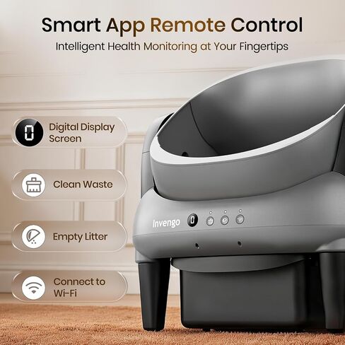 Invengo Automatic Self-Cleaning Cat Litter Box, Open Top Design with Safety Sensors and Anti-Pinch Protection, Smart Automatic Litter Box for Small & Medium Cats and Multi-Cat Homes, Charcoal Grey in Kuwait