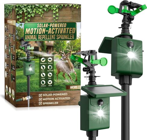 2 Packs Motion Activated Animal Repeller with Water Sprinkler, Deer Repellent Devices Solar Powered, IP65 Waterproof Deer Repellent with Flashing Light, Deter Cats Dogs Skunks Raccoons from Garden in Kuwait