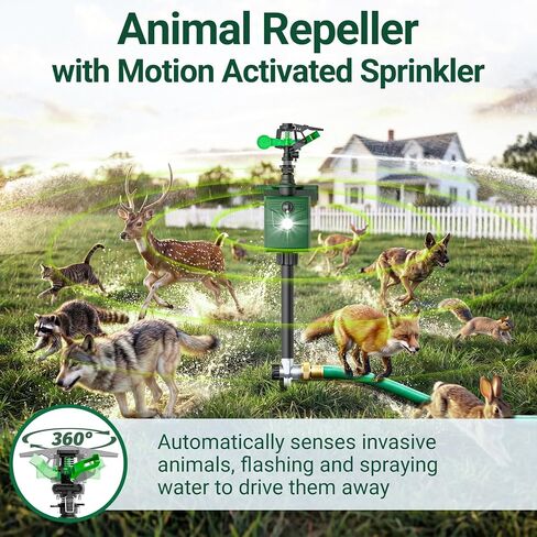2 Packs Motion Activated Animal Repeller with Water Sprinkler, Deer Repellent Devices Solar Powered, IP65 Waterproof Deer Repellent with Flashing Light, Deter Cats Dogs Skunks Raccoons from Garden in Kuwait