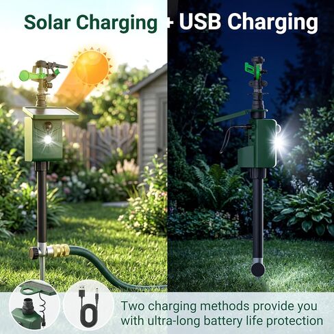 2 Packs Motion Activated Animal Repeller with Water Sprinkler, Deer Repellent Devices Solar Powered, IP65 Waterproof Deer Repellent with Flashing Light, Deter Cats Dogs Skunks Raccoons from Garden in Kuwait