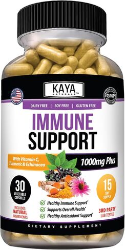 Kaya Naturals Elderberry Immune Support | Vitamins with Zinc and Vitamin C for Adults, Probiotics & Turmeric 1000mg Immune System Booster Sambucus Capsules - 30 Count in Kuwait