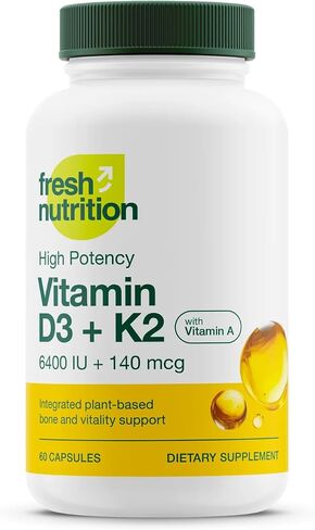 Fresh Nutrition Vegan Vitamin D3 + K2 Capsules - 5000 IU D3 + 100mcg K2 as MK-7 for Optimal Absorption - Immune Health, Bone Health, Mood - Non GMO - 90 Capsules, 3 Month Supply in Saudi Arabia