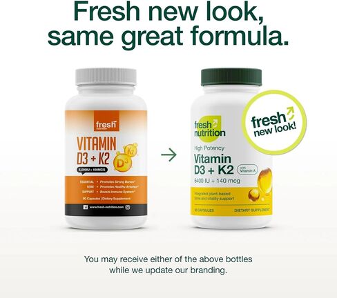 Fresh Nutrition Vegan Vitamin D3 + K2 Capsules - 5000 IU D3 + 100mcg K2 as MK-7 for Optimal Absorption - Immune Health, Bone Health, Mood - Non GMO - 90 Capsules, 3 Month Supply in Saudi Arabia