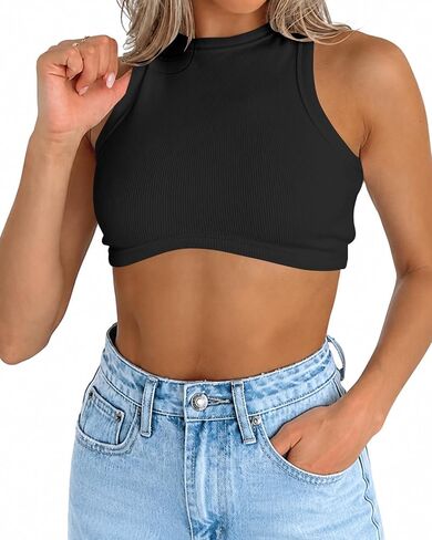 Abardsion Women's Crew Neck Racerback Knit Ribbed Basic Sleeveless Crop Tank Tops in Kuwait