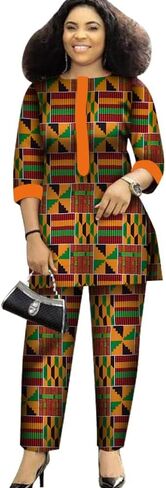 African Suit for Women Print Wax Plus Sizx 2 Piece of Top and Pant Sets Fashion Women in African Clothing in Kuwait