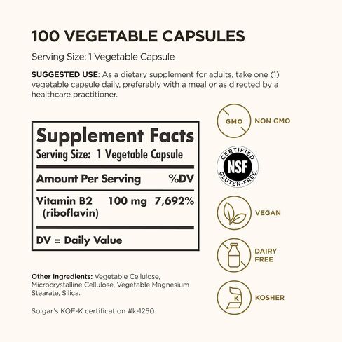 Solgar Vitamin B2 (Riboflavin) 100mg, 100 Vegetable Capsules - Energy Metabolism, Healthy Nervous System - Non-GMO, Vegan, Gluten Free, Dairy Free, Kosher, Halal - 100 Servings in Kuwait