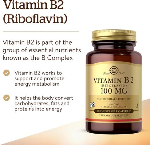 Solgar Vitamin B2 (Riboflavin) 100mg, 100 Vegetable Capsules - Energy Metabolism, Healthy Nervous System - Non-GMO, Vegan, Gluten Free, Dairy Free, Kosher, Halal - 100 Servings in Kuwait