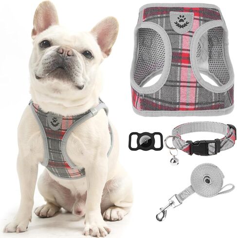 EXPAWLORER Plaid Small Dog Harness and Leash Set with AirTag Holder - No Pull Soft Padded Step in Dog Vest Harness Medium Sized Dog, Reflective Puppy Harness, Collar and Leash for Walking, Khaki S in Kuwait