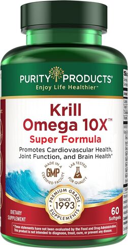 Purity Products Krill Omega-3 10x more EPA and DHA Super Formula Premium PhosphoBoost Krill Oil + Astaxanthin - Supports Joint Comfort + Flexibility - No Fish Burps LemonLock System - 60 SoftGels in Saudi Arabia