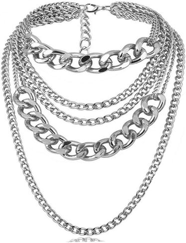 CIBIRICH Punk Chain Chunky Necklaces for women Multilayer Collar Necklace Silver in Kuwait