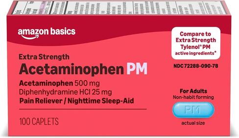 Amazon Basic Care Acetaminophen PM Caplets, Pain Reliever Plus Nighttime Sleep Aid, 100 Count in Kuwait