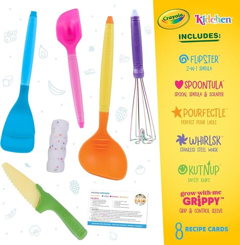 Crayola Kidchen Creative Cook Set for Kids, 5 Full-Size Cooking Utensils, With 2-in-1 Spatula, Stainless Steel Whisk, and Ladle, Colorful Food-Grade Silicone, Kitchen Gift for Kids, Ages 5+ in Kuwait