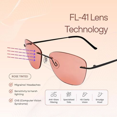 BRADDELL OPTICS Women's FL-41 Rose Tinted Migraine Light Sensitivity Rimless Glasses for Fluorescent LED Glare, Photophobia and Eye Strain in Saudi Arabia