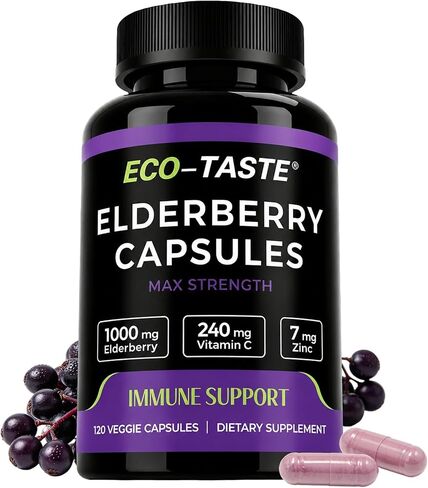ECO-TASTE Elderberry Capsules with Zinc & Vitamin C - 120 Capsules, Sambucus Elderberries for Immune Support, Skin Health - Veggie Caps in Saudi Arabia