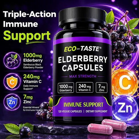 ECO-TASTE Elderberry Capsules with Zinc & Vitamin C - 120 Capsules, Sambucus Elderberries for Immune Support, Skin Health - Veggie Caps in Saudi Arabia