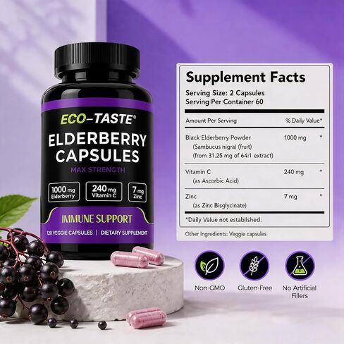 ECO-TASTE Elderberry Capsules with Zinc & Vitamin C - 120 Capsules, Sambucus Elderberries for Immune Support, Skin Health - Veggie Caps in Saudi Arabia