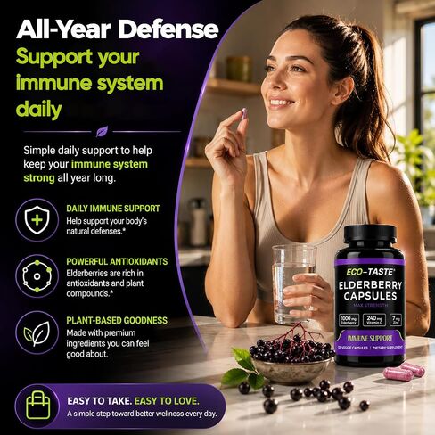 ECO-TASTE Elderberry Capsules with Zinc & Vitamin C - 120 Capsules, Sambucus Elderberries for Immune Support, Skin Health - Veggie Caps in Saudi Arabia