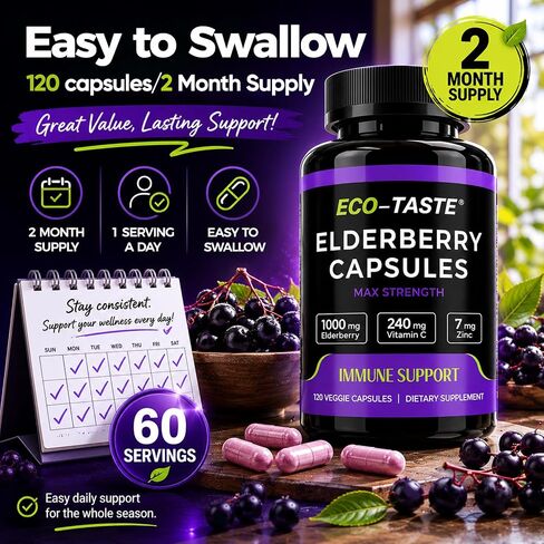 ECO-TASTE Elderberry Capsules with Zinc & Vitamin C - 120 Capsules, Sambucus Elderberries for Immune Support, Skin Health - Veggie Caps in Saudi Arabia