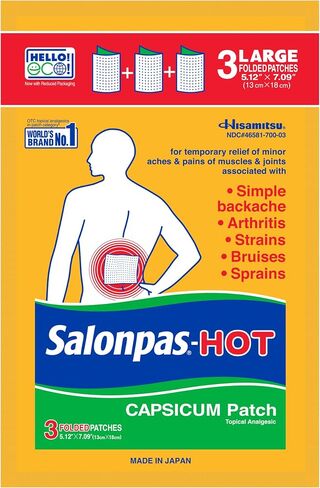 Salonpas Pain Relieving HOT Capsicum Patch, 3 Count (12 Pack), for Back, Neck, Shoulder, Knee Pain and Muscle Soreness, 8 Hour Pain Relief in Kuwait