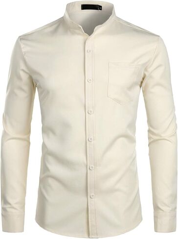 ZEROYAA Men's Banded Collar Slim Fit Long Sleeve Casual Button Down Dress Shirts with Pocket in Kuwait