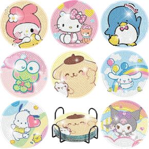8Pcs Diamond Art Painting Coasters with Holder,DIY Cartoon Life Coaster Diamond Art Kits for Adults Kids,Beginners Round Full Drill Diamonds Art Craft Supplies in Kuwait