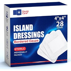 GauzeCare Island Dressing 4x4 inch 28 Pcs| Individually Packed Sterile Pouches| 2x2 Non-Stick Pad in Center with Acrylic Adhesive Borders| Water-Resistant Adhesive Pads for Wound Care and Dressing in Saudi Arabia