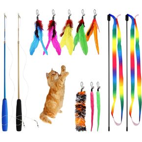 12PCS Interactive Kitten Toys, Retractable Indoor Cat Wand Toys with Replacement Teaser, Rainbow Ribbon and Make Exercise by Sunshinetop in Kuwait
