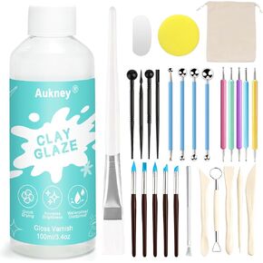Aukney 100ML Air Dry Clay Glaze and 29pcs Tool Kit, High Gloss Air Dry Clay Glaze, Sealant, Prevent Clay from Cracking, and Scratch Resistant - Pottery Tools for Stippling, Shaping Clay Crafts in Kuwait