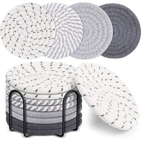 Mckanti 8 Pcs Drink Coasters with Holder, 4 Colors Absorbent Coasters for Drinks, Minimalist Cotton Woven Coaster Set for Home Decor Tabletop Protection Suitable for Kinds of Cups, 4.3 Inches. in Saudi Arabia